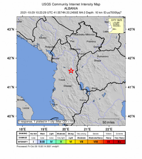 Community Internet Intensity Map for the Bulqizë, Albania 4m Earthquake, Friday Oct. 29 2021, 12:23:29 PM