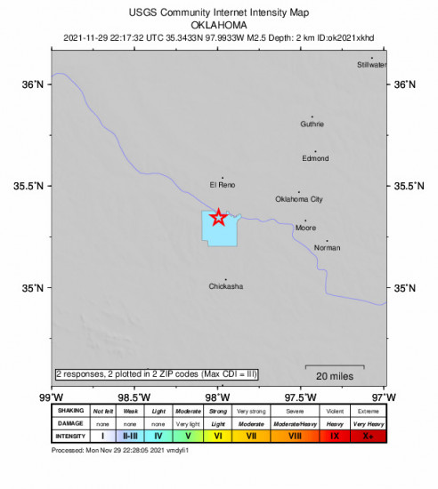 Community Internet Intensity Map for the Minco, Oklahoma 2.51m Earthquake, Monday Nov. 29 2021, 4:17:32 PM