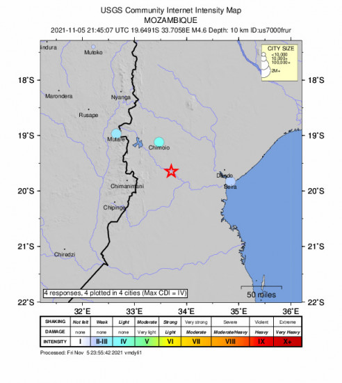 Community Internet Intensity Map for the Chimoio, Mozambique 4.6m Earthquake, Friday Nov. 05 2021, 11:45:07 PM
