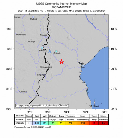 GEO Community Internet Intensity Map for the Chimoio, Mozambique 4.6m Earthquake, Friday Nov. 05 2021, 11:45:07 PM