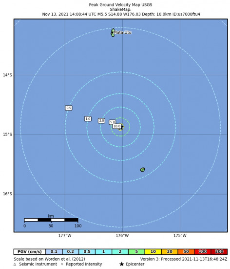 Peak Ground Velocity Map for the Mata-utu, Wallis And Futuna 5.5m Earthquake, Sunday Nov. 14 2021, 2:08:44 AM