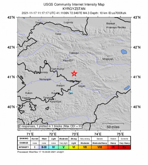 GEO Community Internet Intensity Map for the Bazar-korgon, Kyrgyzstan 4.3m Earthquake, Wednesday Nov. 17 2021, 5:17:17 PM