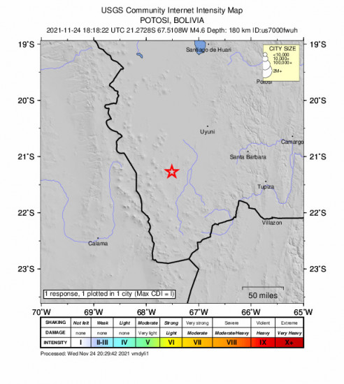 Community Internet Intensity Map for the Uyuni, Bolivia 4.6m Earthquake, Wednesday Nov. 24 2021, 2:18:22 PM
