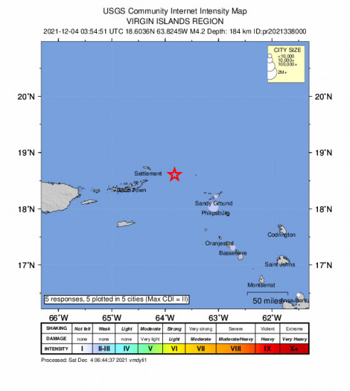 Community Internet Intensity Map for the Sandy Ground Village, Anguilla 4.22m Earthquake, Friday Dec. 03 2021, 11:54:51 PM