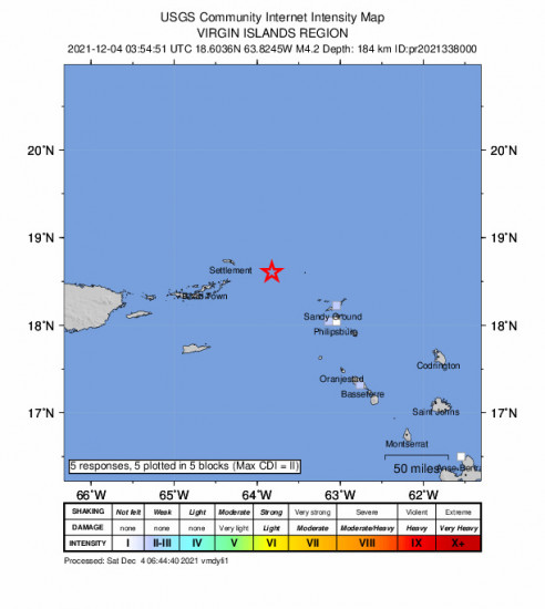 GEO Community Internet Intensity Map for the Sandy Ground Village, Anguilla 4.22m Earthquake, Friday Dec. 03 2021, 11:54:51 PM