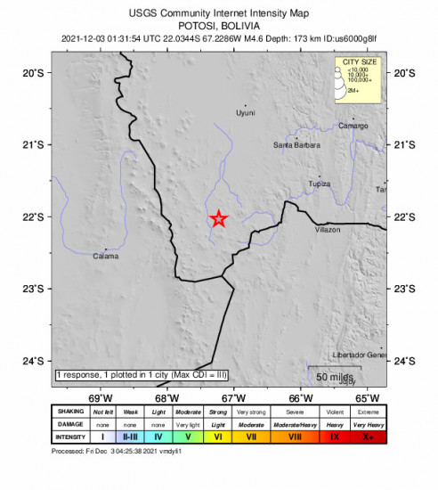 Community Internet Intensity Map for the San Pedro De Atacama, Chile 4.6m Earthquake, Thursday Dec. 02 2021, 9:31:54 PM