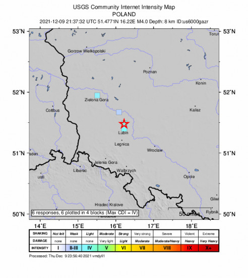 GEO Community Internet Intensity Map for the Rudna, Poland 4m Earthquake, Thursday Dec. 09 2021, 10:37:32 PM
