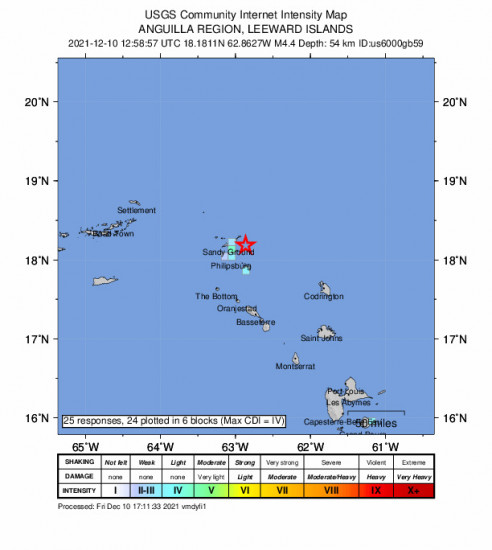 GEO Community Internet Intensity Map for the The Valley, Anguilla 4.4m Earthquake, Friday Dec. 10 2021, 8:58:57 AM