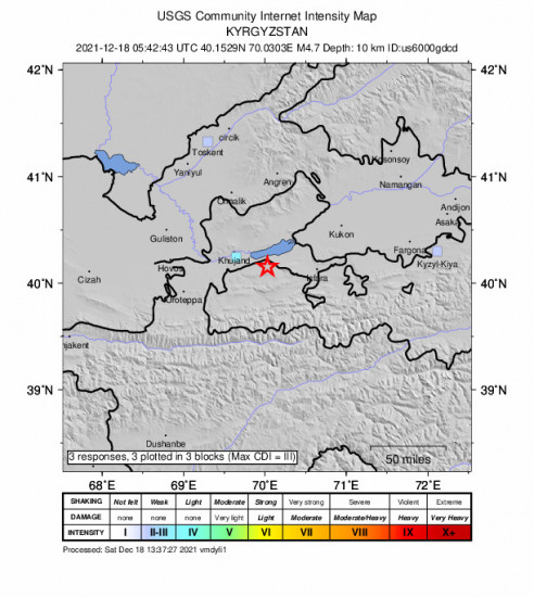 GEO Community Internet Intensity Map for the Buston, Tajikistan 4.7m Earthquake, Saturday Dec. 18 2021, 11:42:43 AM