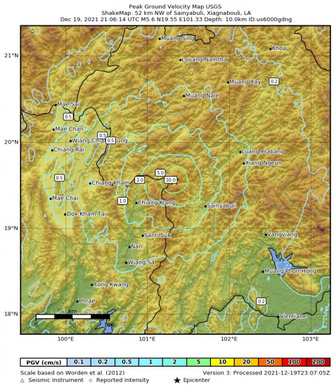 Peak Ground Velocity Map for the Sainyabuli, Laos 5.6m Earthquake, Monday Dec. 20 2021, 4:06:14 AM
