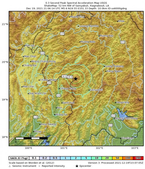 0.3 Second Peak Spectral Acceleration Map for the Sainyabuli, Laos 5.6m Earthquake, Monday Dec. 20 2021, 4:06:14 AM