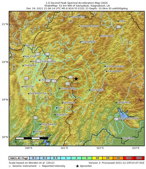 1 Second Peak Spectral Acceleration Map for the Sainyabuli, Laos 5.6m Earthquake, Monday Dec. 20 2021, 4:06:14 AM