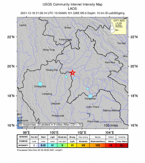 Community Internet Intensity Map for the Sainyabuli, Laos 5.6m Earthquake, Monday Dec. 20 2021, 4:06:14 AM