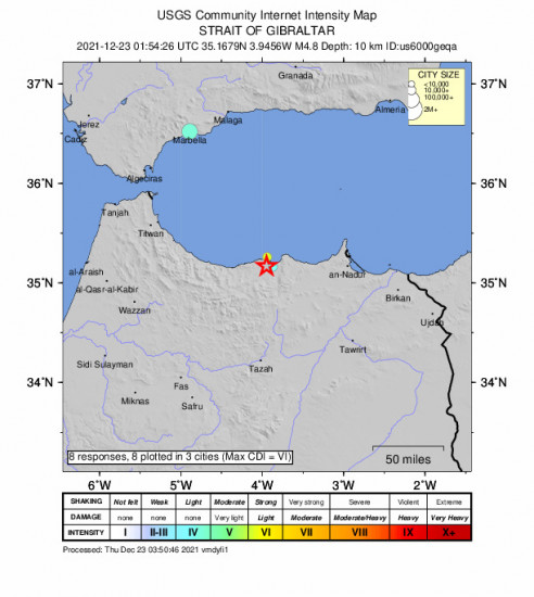 Community Internet Intensity Map for the Tirhanimîne, Morocco 4.8m Earthquake, Thursday Dec. 23 2021, 2:54:26 AM