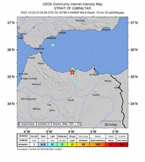 GEO Community Internet Intensity Map for the Tirhanimîne, Morocco 4.8m Earthquake, Thursday Dec. 23 2021, 2:54:26 AM