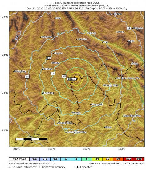 Peak Ground Acceleration Map for the Phôngsali, Laos 5.7m Earthquake, Friday Dec. 24 2021, 8:43:22 PM