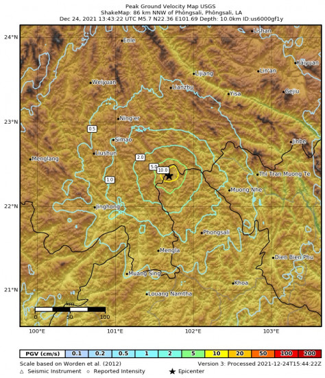 Peak Ground Velocity Map for the Phôngsali, Laos 5.7m Earthquake, Friday Dec. 24 2021, 8:43:22 PM
