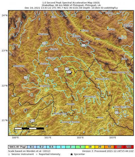 1 Second Peak Spectral Acceleration Map for the Phôngsali, Laos 5.7m Earthquake, Friday Dec. 24 2021, 8:43:22 PM