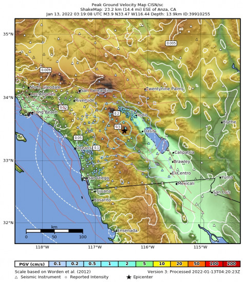 Peak Ground Velocity Map for the Anza, Ca 3.86m Earthquake, Wednesday Jan. 12 2022, 7:19:08 PM