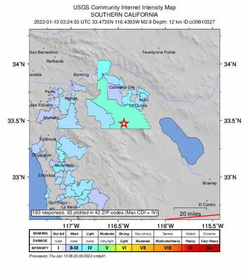 Community Internet Intensity Map for the Anza, Ca 2.86m Earthquake, Wednesday Jan. 12 2022, 7:24:53 PM
