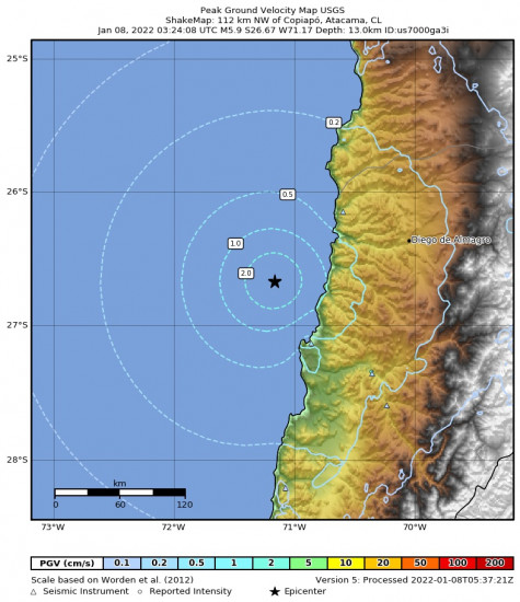 Peak Ground Velocity Map for the Copiapó, Chile 5.9m Earthquake, Saturday Jan. 08 2022, 12:24:08 AM