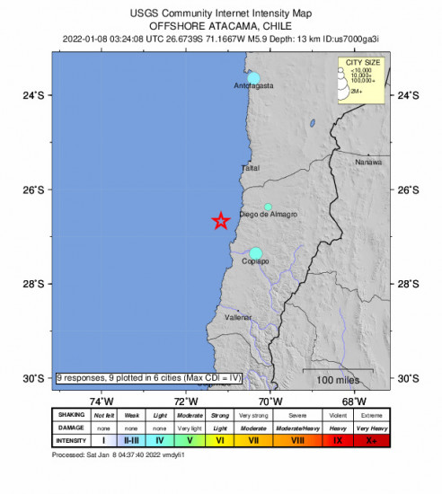 Community Internet Intensity Map for the Copiapó, Chile 5.9m Earthquake, Saturday Jan. 08 2022, 12:24:08 AM