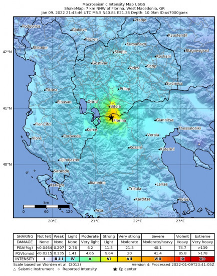 Macroseismic Intensity Map for the Flórina, Greece 5.5m Earthquake, Sunday Jan. 09 2022, 11:43:46 PM