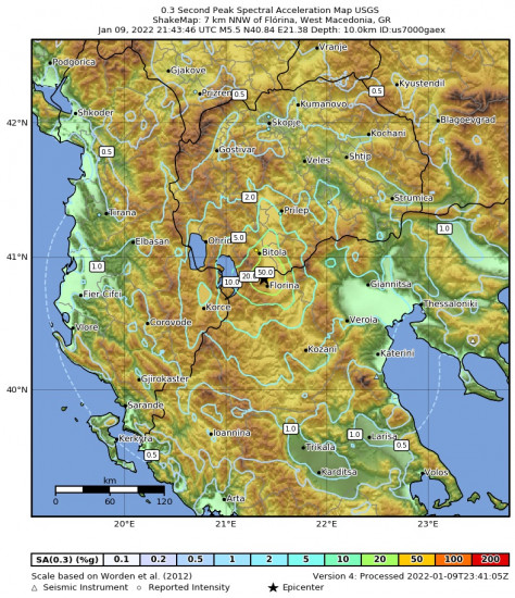 0.3 Second Peak Spectral Acceleration Map for the Flórina, Greece 5.5m Earthquake, Sunday Jan. 09 2022, 11:43:46 PM