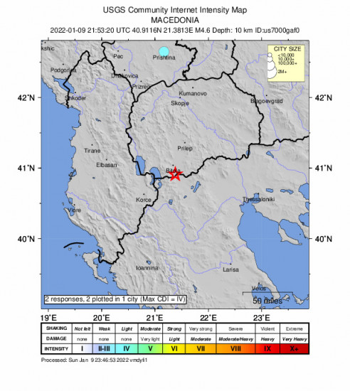 Community Internet Intensity Map for the Bistrica, North Macedonia 4.6m Earthquake, Sunday Jan. 09 2022, 10:53:20 PM