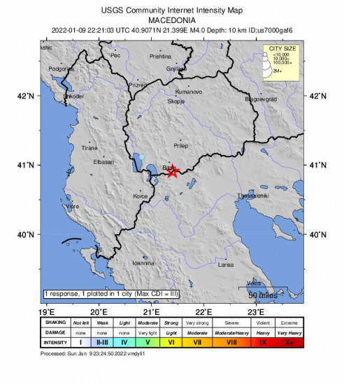 Community Internet Intensity Map for the Bistrica, North Macedonia 4m Earthquake, Sunday Jan. 09 2022, 11:21:03 PM
