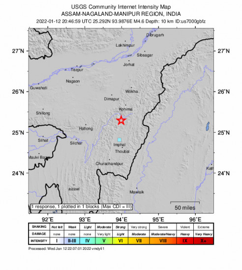 GEO Community Internet Intensity Map for the Kohīma, India 4.6m Earthquake, Thursday Jan. 13 2022, 2:16:59 AM