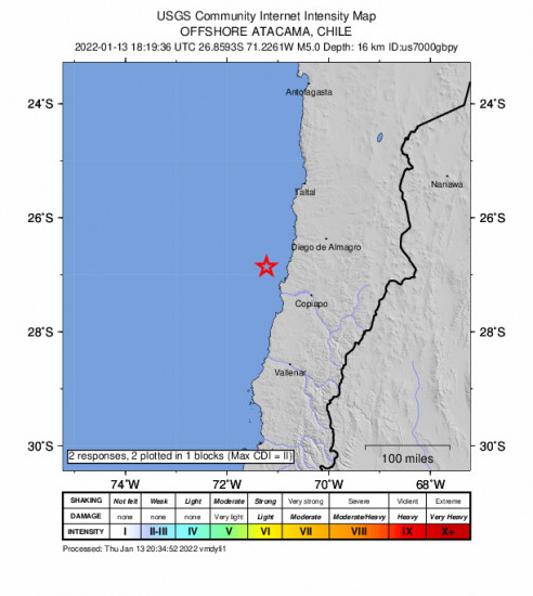 GEO Community Internet Intensity Map for the Copiapó, Chile 5m Earthquake, Thursday Jan. 13 2022, 3:19:36 PM