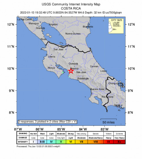 Community Internet Intensity Map for the Orotina, Costa Rica 4.6m Earthquake, Thursday Jan. 13 2022, 1:32:49 PM