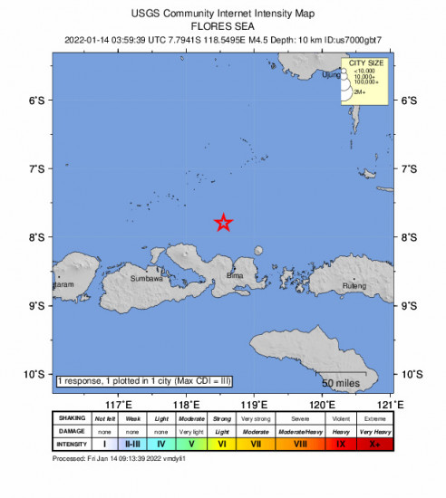 Community Internet Intensity Map for the Bima, Indonesia 4.5m Earthquake, Friday Jan. 14 2022, 11:59:39 AM
