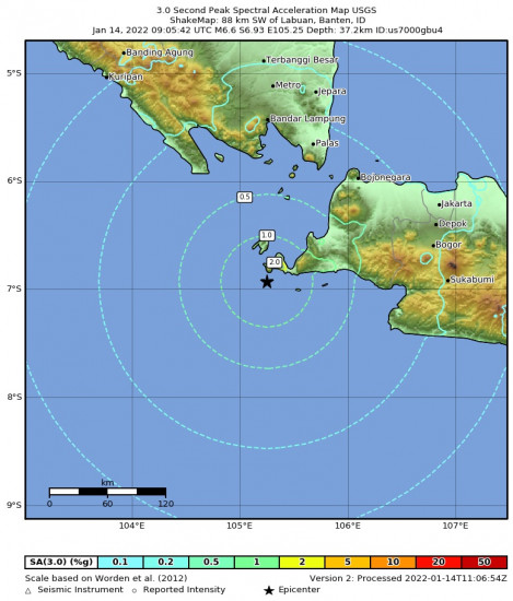 3 Second Peak Spectral Acceleration Map for the Labuan, Indonesia 6.6m Earthquake, Friday Jan. 14 2022, 4:05:42 PM