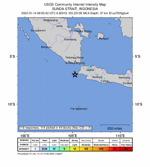 GEO Community Internet Intensity Map for the Labuan, Indonesia 6.6m Earthquake, Friday Jan. 14 2022, 4:05:42 PM