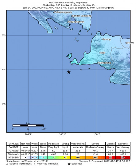 Macroseismic Intensity Map for the Labuan, Indonesia 5.4m Earthquake, Friday Jan. 14 2022, 4:49:21 PM