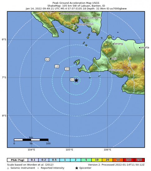 Peak Ground Acceleration Map for the Labuan, Indonesia 5.4m Earthquake, Friday Jan. 14 2022, 4:49:21 PM