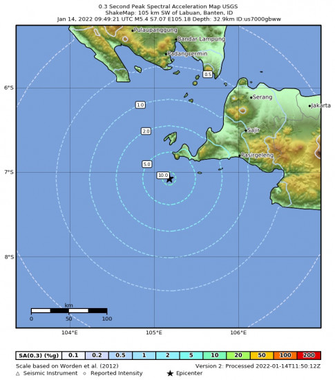 0.3 Second Peak Spectral Acceleration Map for the Labuan, Indonesia 5.4m Earthquake, Friday Jan. 14 2022, 4:49:21 PM