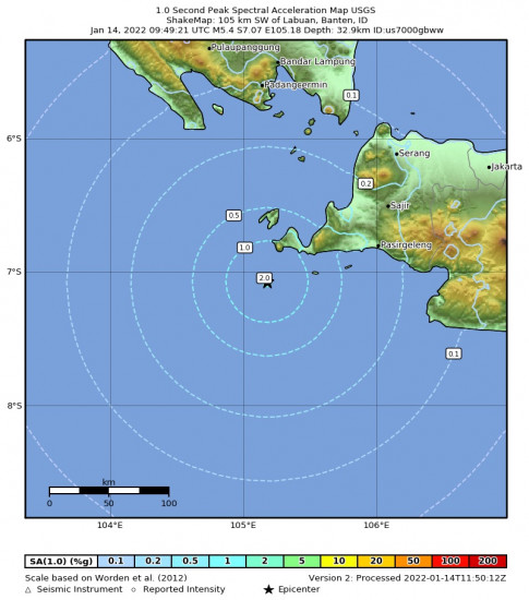 1 Second Peak Spectral Acceleration Map for the Labuan, Indonesia 5.4m Earthquake, Friday Jan. 14 2022, 4:49:21 PM