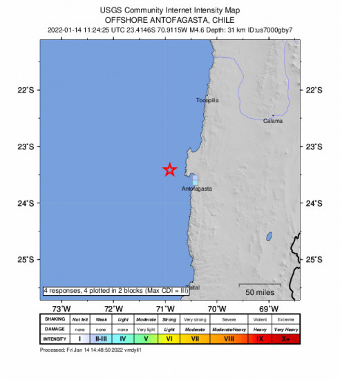 GEO Community Internet Intensity Map for the Antofagasta, Chile 4.6m Earthquake, Friday Jan. 14 2022, 8:24:25 AM
