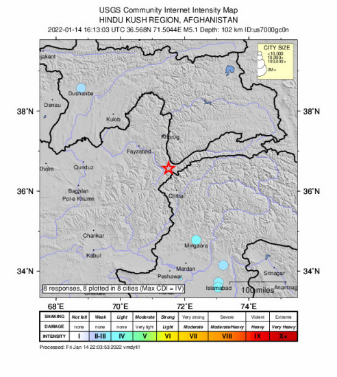 Community Internet Intensity Map for the Ashkāsham, Afghanistan 5.1m Earthquake, Friday Jan. 14 2022, 8:43:03 PM