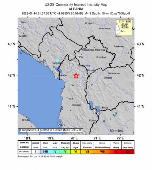 Community Internet Intensity Map for the Fushë-arrëz, Albania 4.3m Earthquake, Friday Jan. 14 2022, 10:37:56 PM