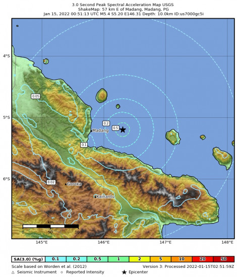 3 Second Peak Spectral Acceleration Map for the Madang, Papua New Guinea 5.4m Earthquake, Saturday Jan. 15 2022, 10:51:13 AM