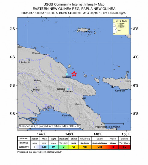Community Internet Intensity Map for the Madang, Papua New Guinea 5.4m Earthquake, Saturday Jan. 15 2022, 10:51:13 AM