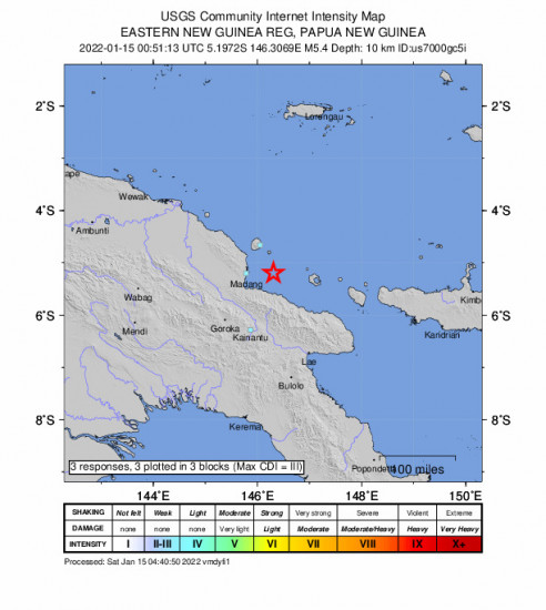 GEO Community Internet Intensity Map for the Madang, Papua New Guinea 5.4m Earthquake, Saturday Jan. 15 2022, 10:51:13 AM