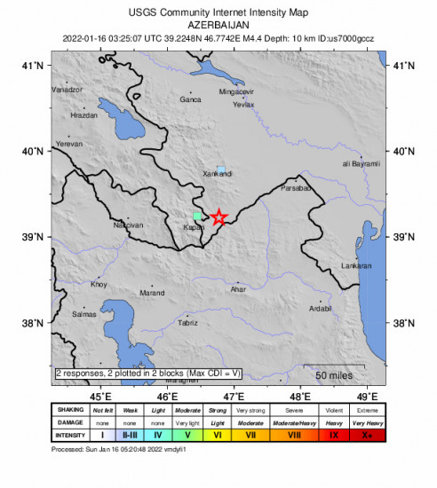 GEO Community Internet Intensity Map for the Zangilan, Azerbaijan 4.4m Earthquake, Sunday Jan. 16 2022, 7:25:07 AM