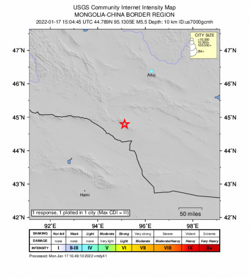 Community Internet Intensity Map for the Altai, Mongolia 5.5m Earthquake, Monday Jan. 17 2022, 10:04:45 PM