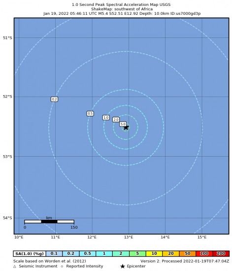 1 Second Peak Spectral Acceleration Map for the Africa 5.4m Earthquake, Wednesday Jan. 19 2022, 6:46:11 AM