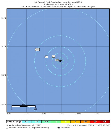 3 Second Peak Spectral Acceleration Map for the Africa 5.4m Earthquake, Wednesday Jan. 19 2022, 6:46:11 AM